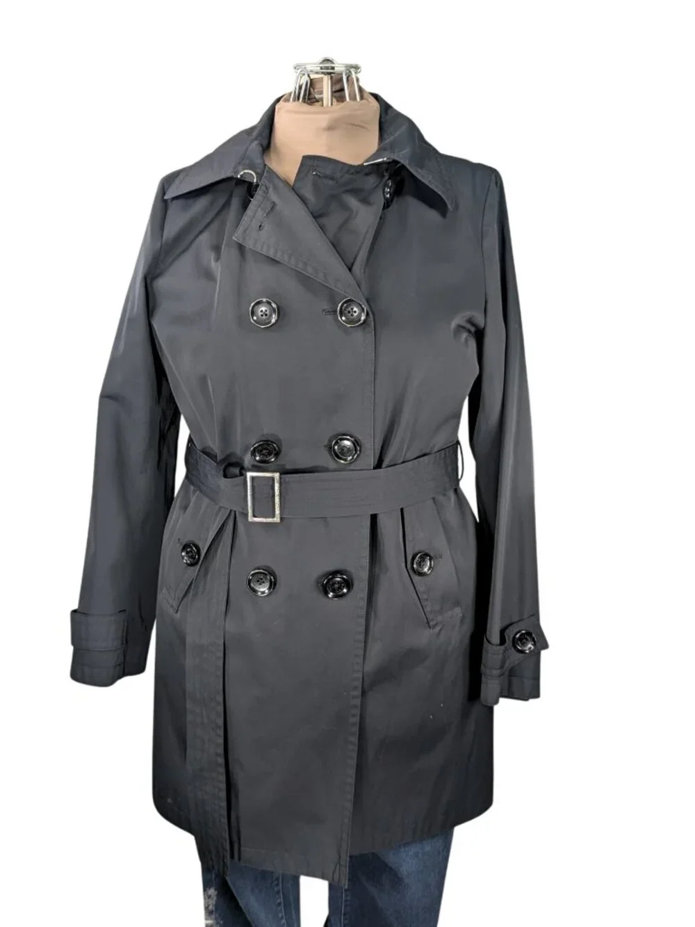 Michael Kors Ladies LG Black Lined Button Mid Length Trench Coat Removable Hood